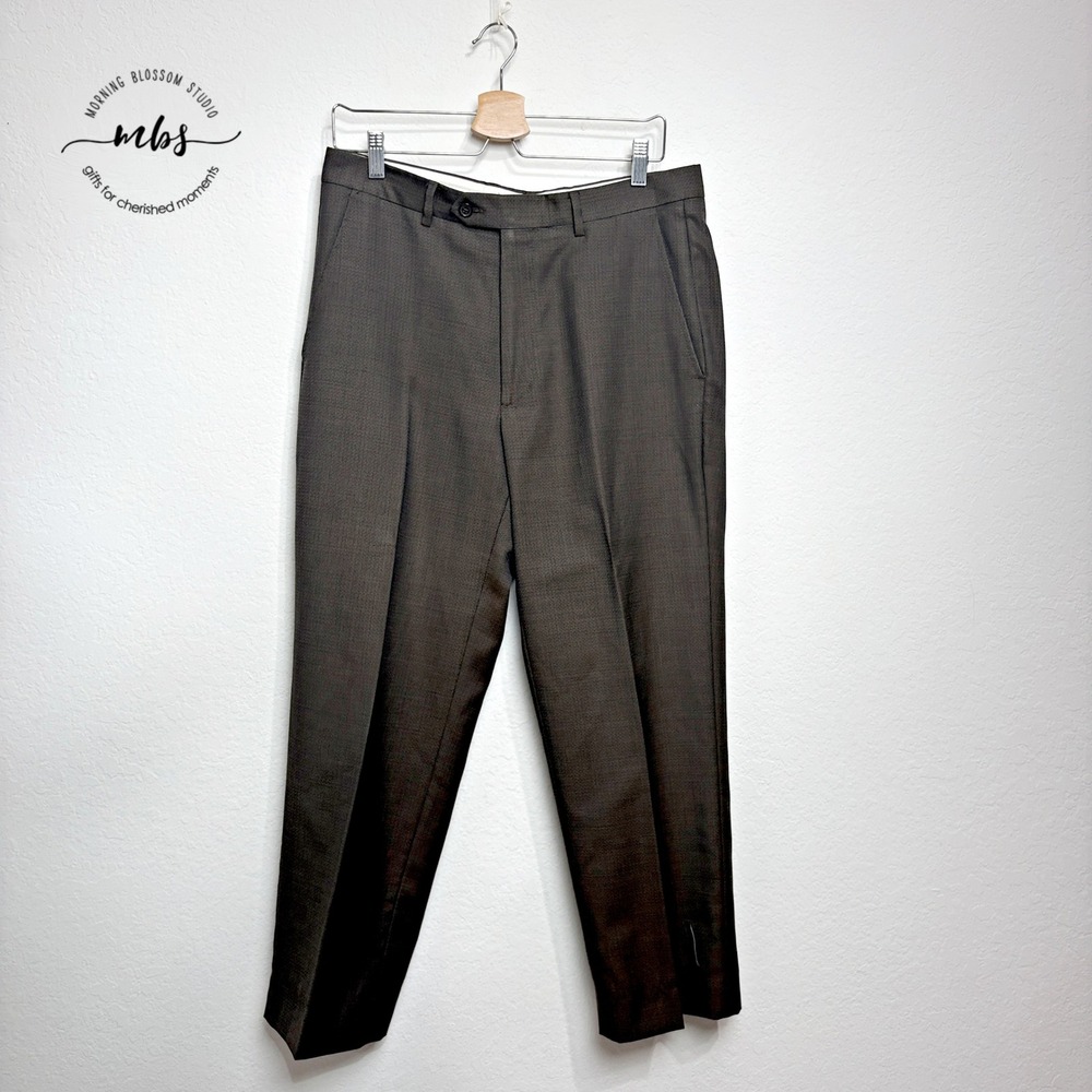 Santorelli Romeo Dress Wool‎ Flat Front Straight Leg Pants Brown Men 33